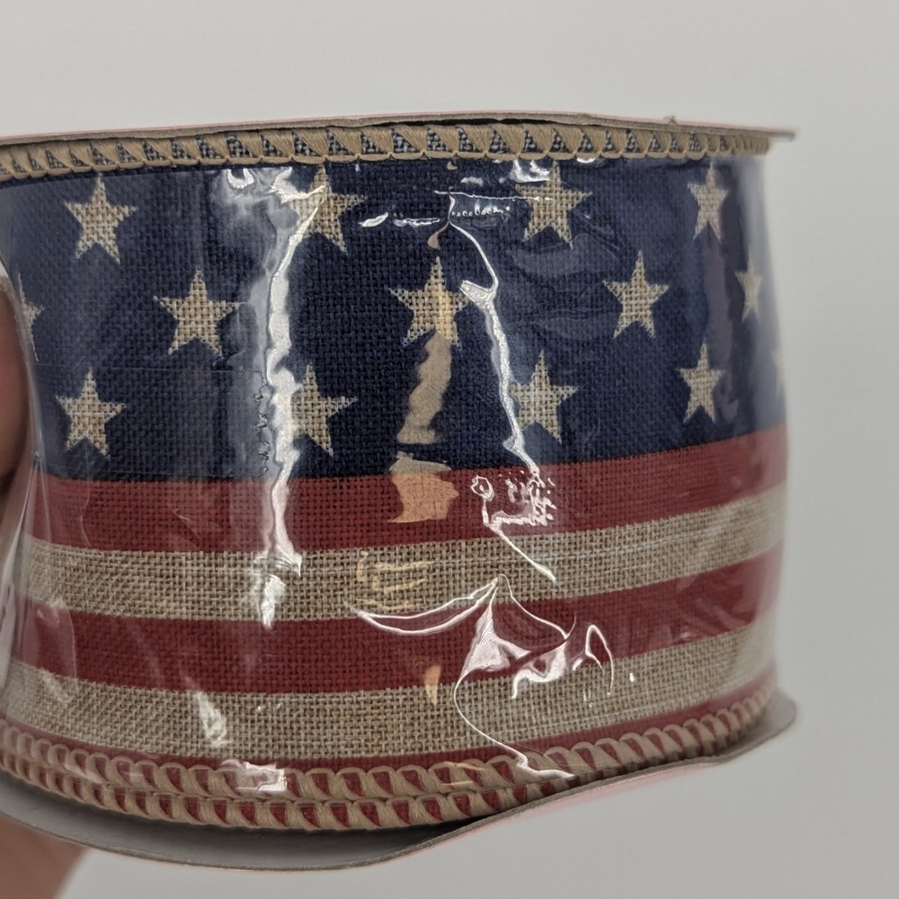 Linen Red Blue Flag Striped Star Wired Party Decorations Ribbon 2.5" 4 July 🇺🇸 - Picture 6 of 7